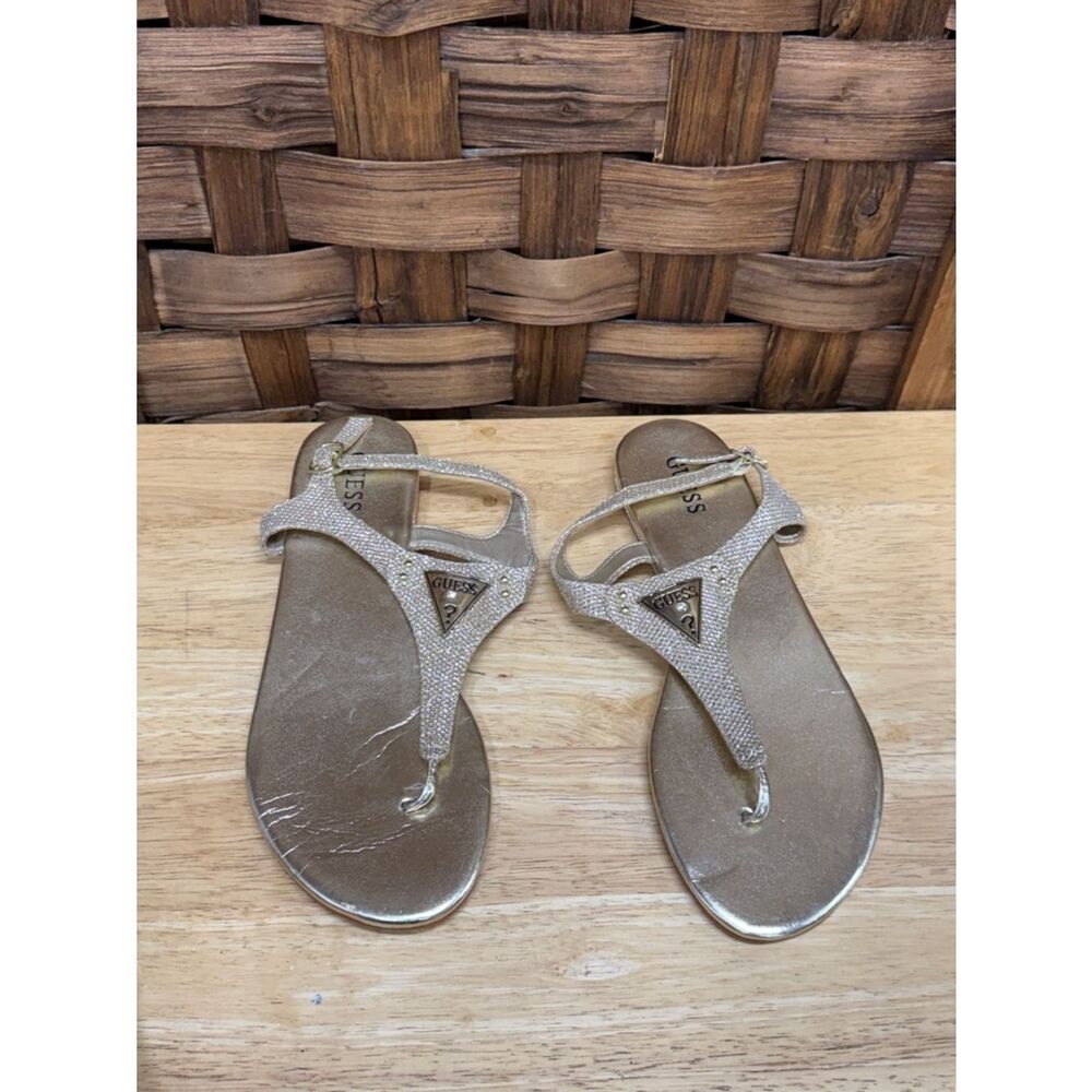 GUESS Gold Rhinestone T-strap Sandals